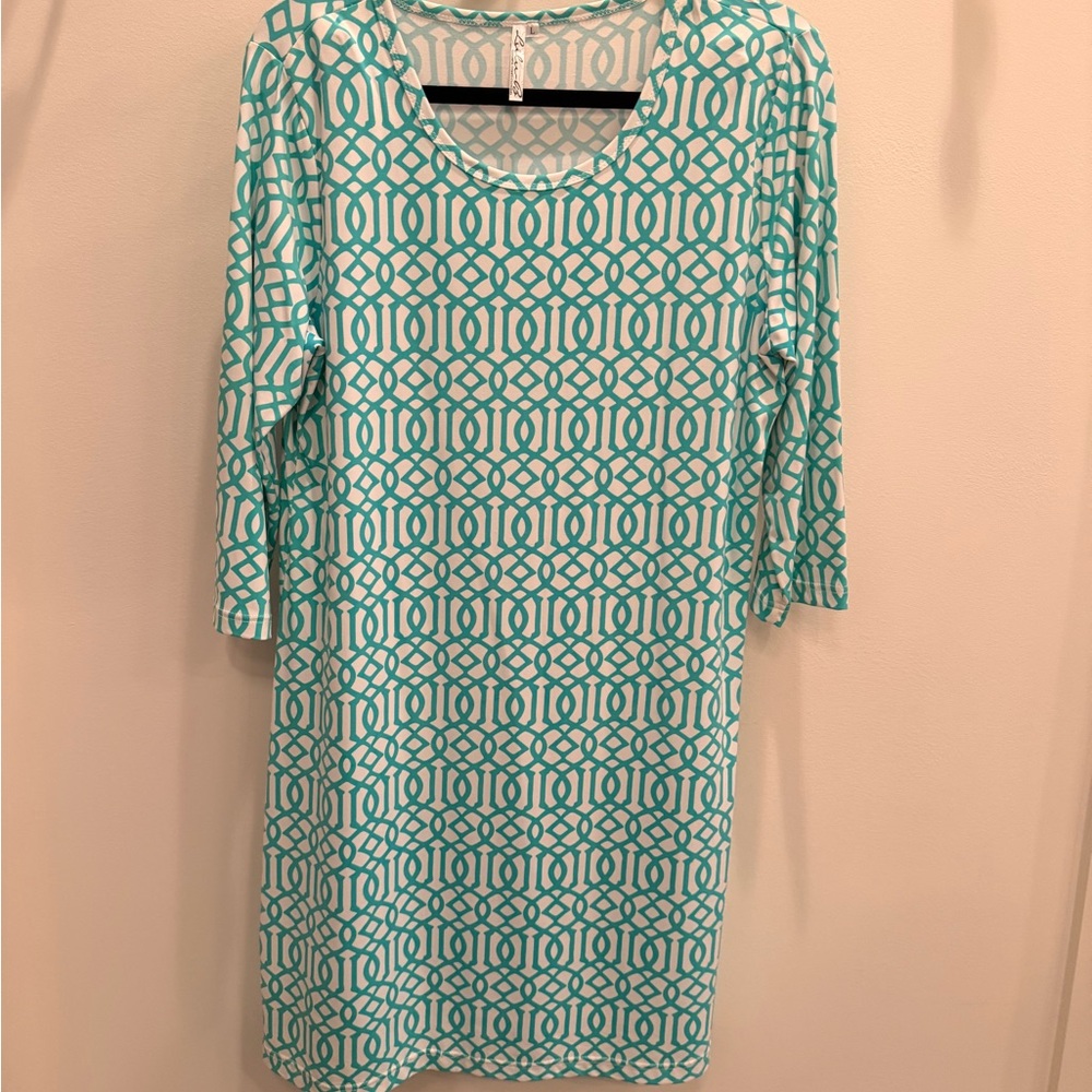 Lulu-B Aqua and White Patterned Dress, Below Knee